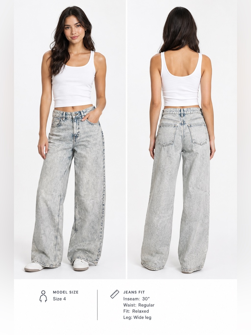 H&M Relaxed Regular Waist Wide-Leg Acid Wash Jeans - Light Blue